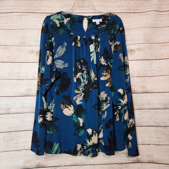 Calvin Klein Long Sleeve Tunic Blouse Blue Floral One Button Back Womens Size 2X - Picture 1 of 16